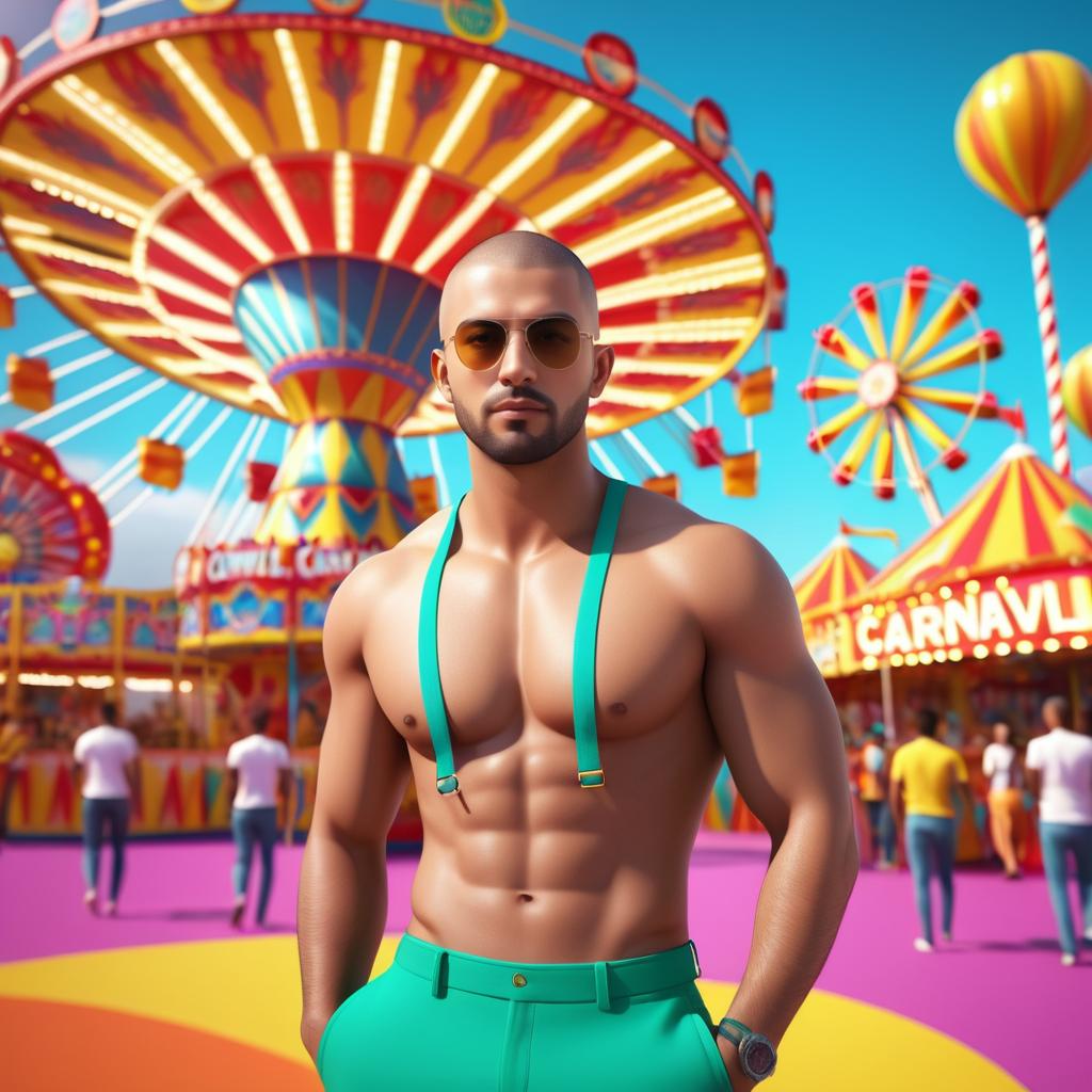 3D Buzz Cut Man at Vibrant Carnival