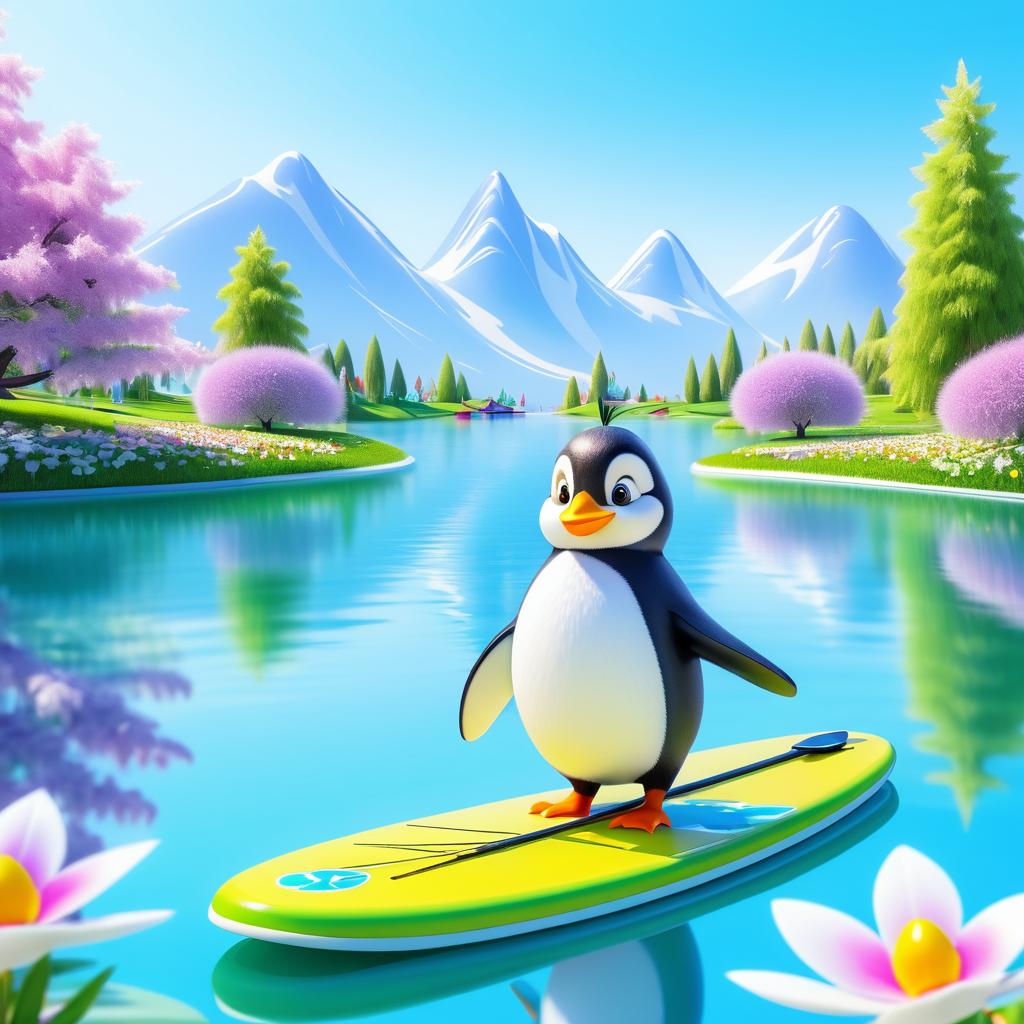 Playful Penguin on a Spring Lake Adventure