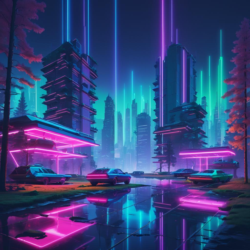 Futuristic Neon Cityscape in Forest