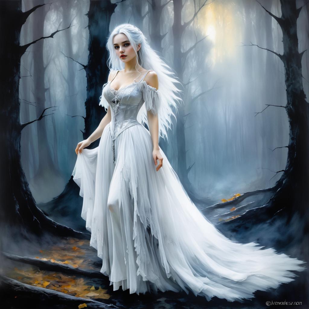 Ethereal Gothic Lady in Misty Forest