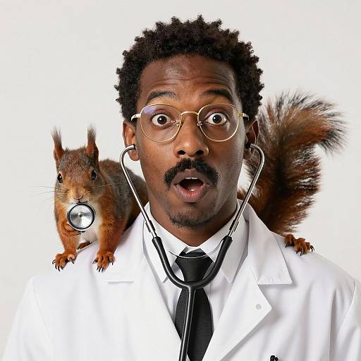 Surprised Scientist with Squirrel Companion