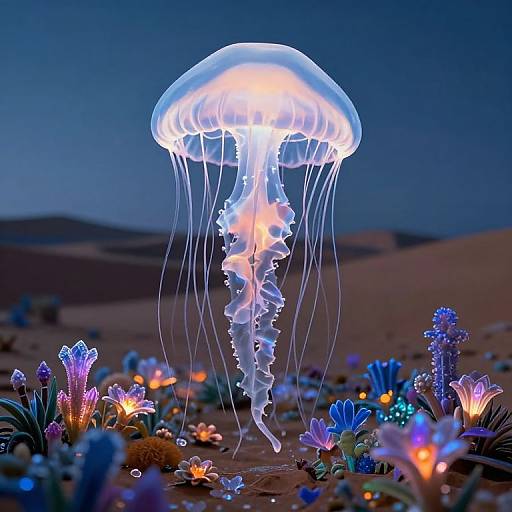 Photograph of a glowing, translucent jellyfish hovering over a vibrant, illuminated underwater garden with glowing flowers in a dark, desert-like background.