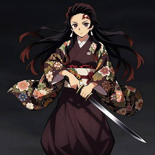 Digital anime-style drawing of a dark-haired woman in a floral kimono, holding a sword, with a serious expression, against a dark gradient background.