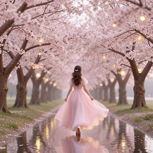Photograph of a woman in a flowing white dress, walking through a cherry blossom-lined path with glowing lights, reflected in a puddle.