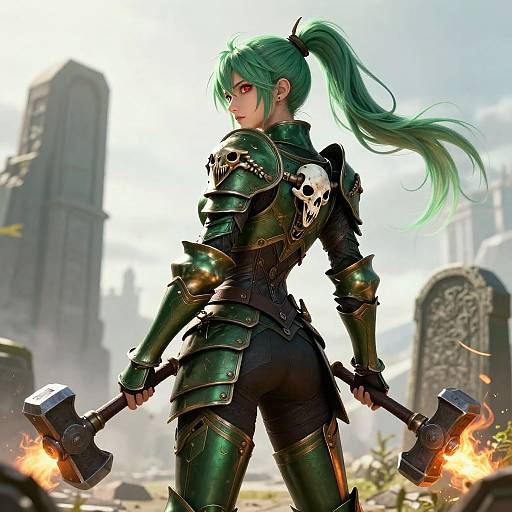 Digital art of a green-haired warrior woman in green armor with skull motifs, holding dual flaming hammers, standing in a ruined, sunlit cityscape