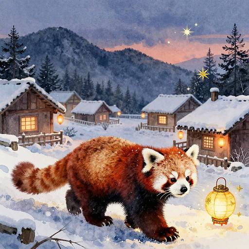 Watercolor Red Panda in Snowy Village