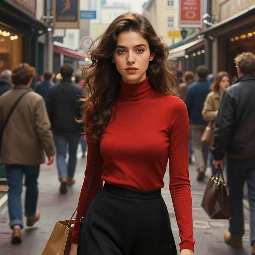 Photograph of a confident young woman with long, wavy brown hair, wearing a red turtleneck and black skirt, holding a brown bag,