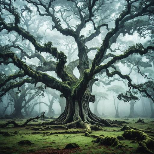 Ancient Oak Tree in Misty Forest Clearing