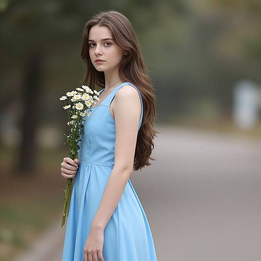 Young woman with long brown hair, wearing a light blue sleeveless dress, holding white daisies, standing on a blurred park path. Photograph.