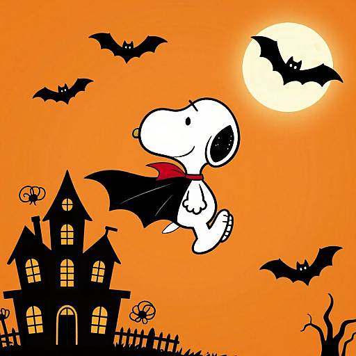Cartoon of a white, vampire-Snoopy with red scarf and black bat wings flying past a spooky, full moon, haunted house, and flying