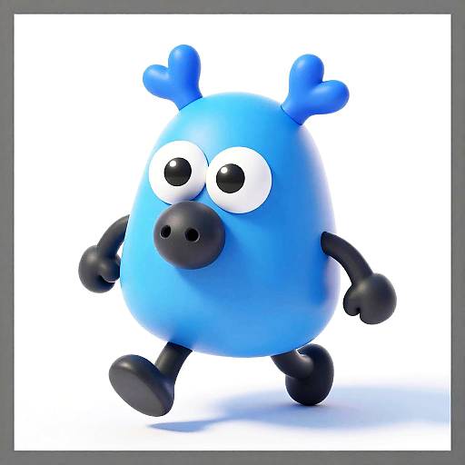 3D CGI blue cartoon creature with black antlers, large white eyes with black pupils, black nose, and black limbs, standing against a white background