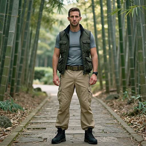 Photograph of a muscular man with short brown hair, beard, wearing a gray t-shirt, black vest, beige cargo pants, black boots, standing