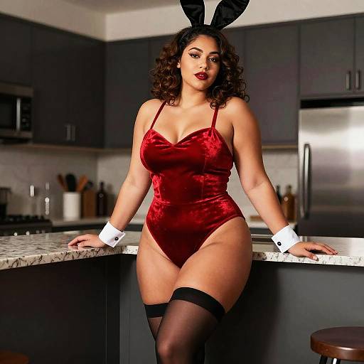 Confident Curvy Woman in Red Velvet Bunny Outfit