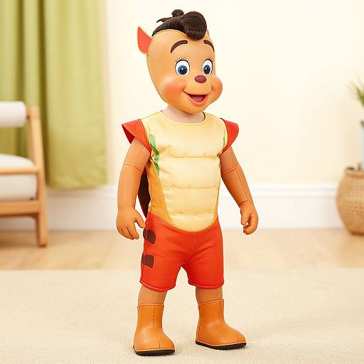 Photorealistic CGI image of a cheerful, cartoon-style plush doll with orange shorts, tan boots, and a yellow shirt, standing in a brightly lit