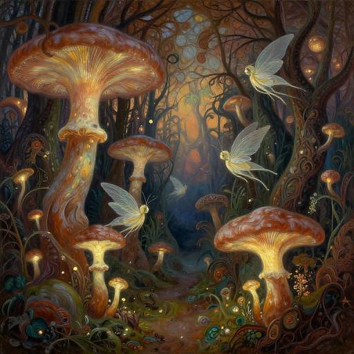 Whimsical forest painting: glowing, giant mushrooms with luminescent caps, surrounded by delicate, ethereal fireflies, in a dark, enchanted