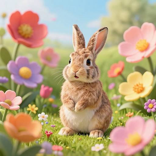 Whimsical Rabbit in Fantastical Flower Field