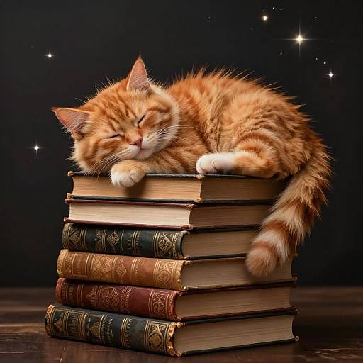 Photorealistic image of an orange tabby cat with closed eyes sleeping on a stack of ornate, vintage books against a dark, starlit background