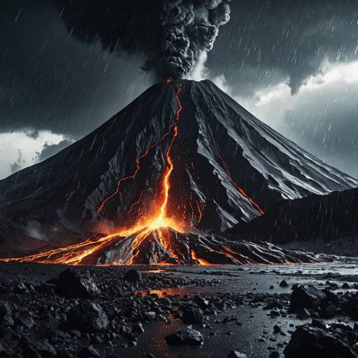 Erupting Volcano with Lava and Thunderstorm Erupting Volcano with Lava and Thunderstorm