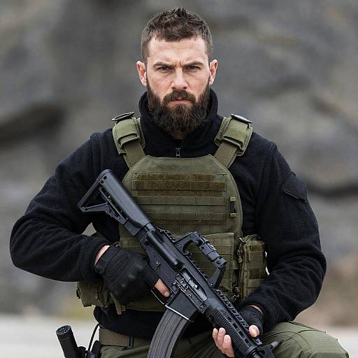 Serious Bearded Man with Assault Rifle