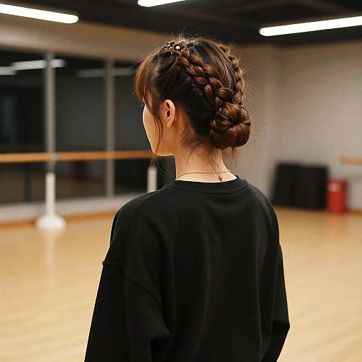 Photograph of a woman with braided bun, wearing a black top, standing in a brightly lit dance studio with wooden floor and mirrored walls.