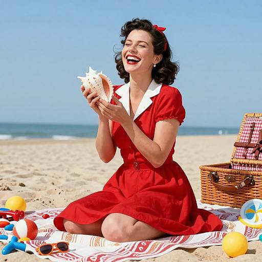 Lady in Vintage Red Dress on Beach