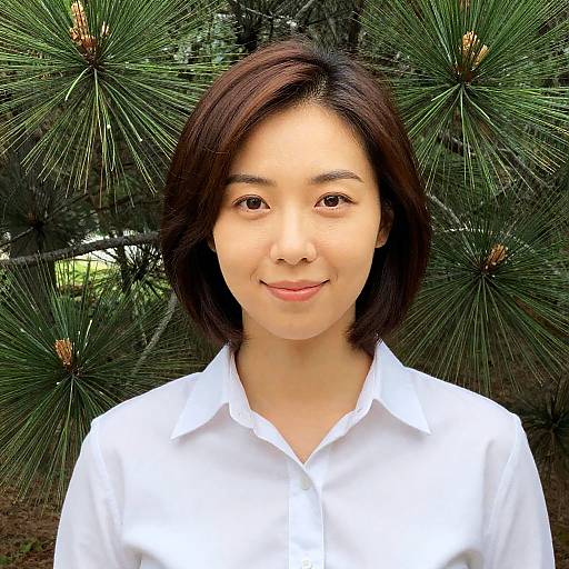 Smiling Asian Woman Among Pine Trees