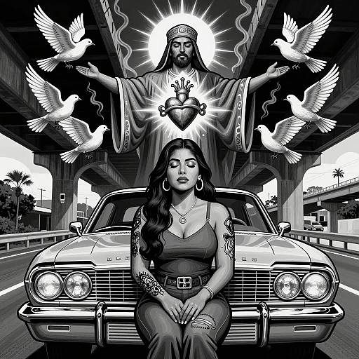 Chicano Art: Woman and Guardian Surrounded by Doves