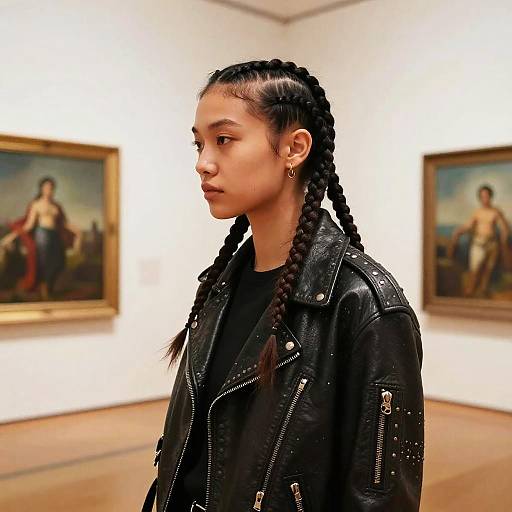 Photograph of a young woman with braided hair, wearing a black leather jacket, standing in an art gallery with two classical paintings on white walls in