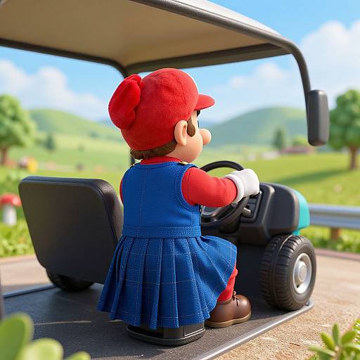 Photorealistic CGI of Mario driving a tractor, wearing red cap, blue overalls, red shirt, brown shoes, in a sunny, green countryside