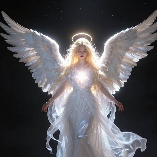 Photorealistic digital artwork of a glowing, blonde angel with radiant white wings, halo, and flowing white dress, floating against a dark starry background