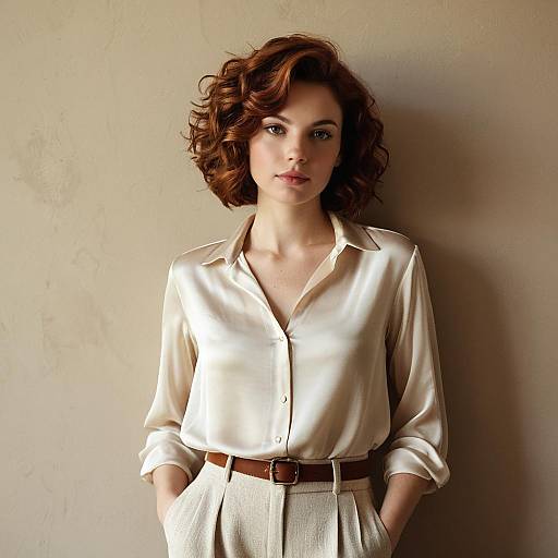 Woman in Cream Silk Blouse with Auburn Hair
