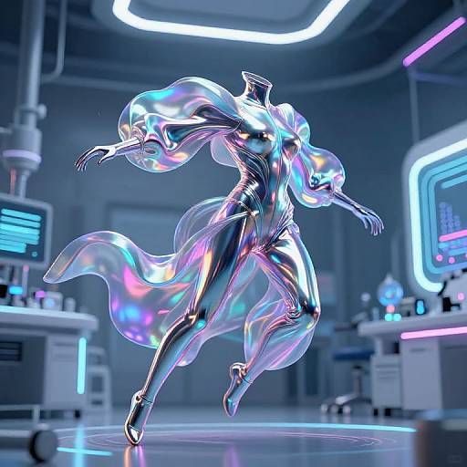 Digital CGI image of a futuristic, silver, humanoid figure with iridescent, flowing cloak, dancing in a neon-lit sci-fi lab.
