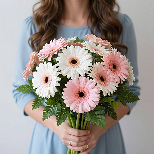 Photograph of a woman with long brown hair wearing a light blue dress, holding a bouquet of pink and white gerbera daisies.