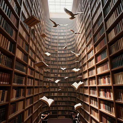 Photograph of a grand library with towering bookshelves, books in various colors, and white paper birds flying upwards towards a sunlit skylight