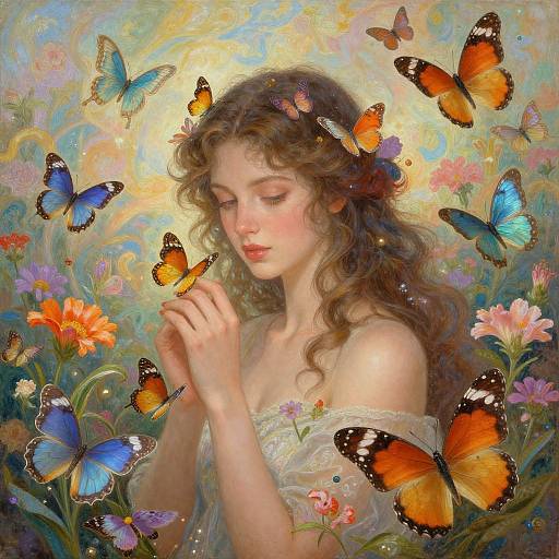 Digital painting of a fair-skinned, curly-haired woman with closed eyes, surrounded by vibrant blue, orange, and black butterflies, amidst colorful flowers.