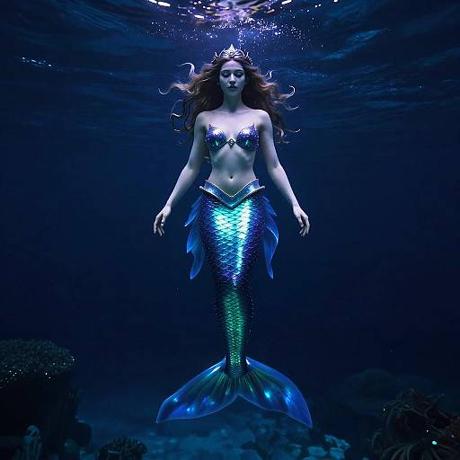 Photograph of a beautiful, ethereal mermaid with long red hair, blue and green shimmering scales, and a glowing crown, floating in a