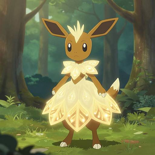 Digital artwork of a glowing, flower-like Eevee standing in a lush, sunlit forest, with large, dark ears and a radiant, yellow
