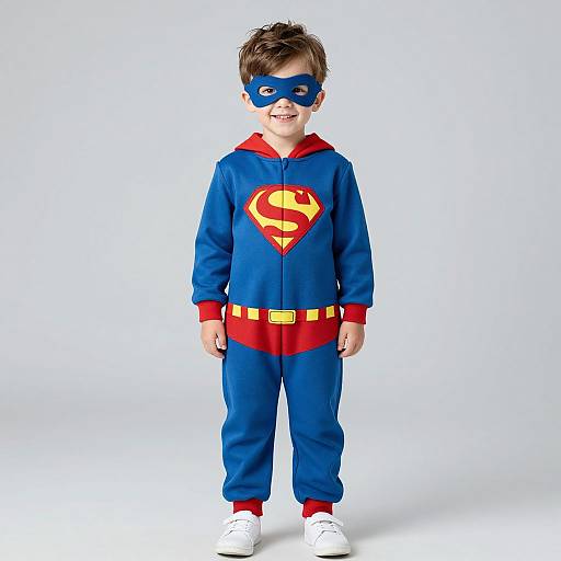 Photograph of a smiling young boy in a Superman costume, blue onesie with red belt and yellow 