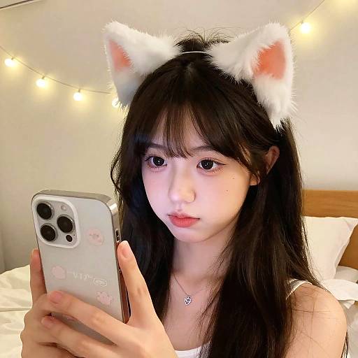 Photograph of an Asian woman with long black hair, white cat ears, and fair skin, taking a selfie in a bedroom with string lights, wearing