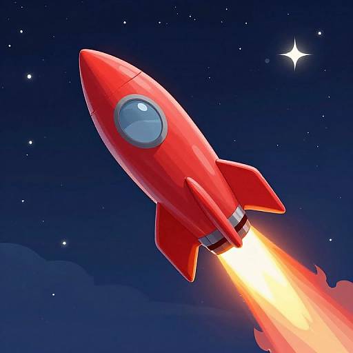 Cartoon-style digital illustration of a bright red rocket with a circular window, blazing with orange and yellow flames, soaring through a starry night sky.
