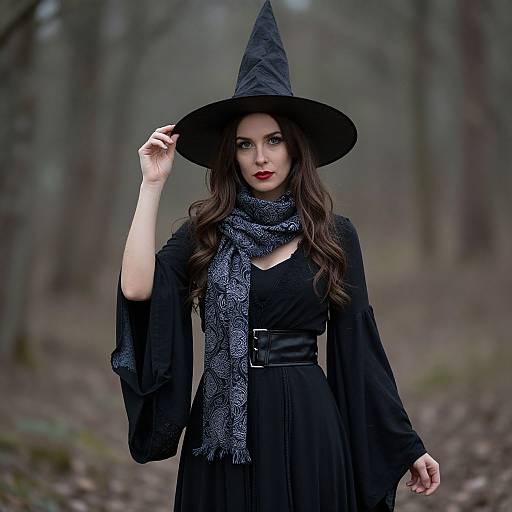 Photograph of a fair-skinned woman with long dark hair, wearing a black witch hat, dress, and scarf, standing in a foggy forest