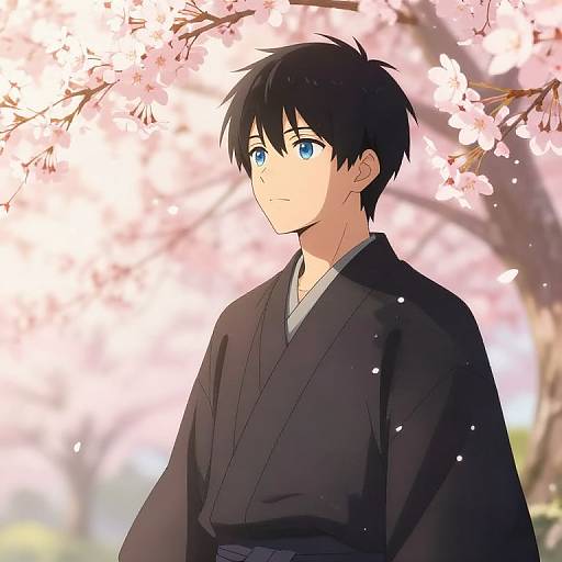 Anime-style digital drawing of a young man with black hair and blue eyes, wearing a black kimono, standing under blooming cherry blossoms. Soft