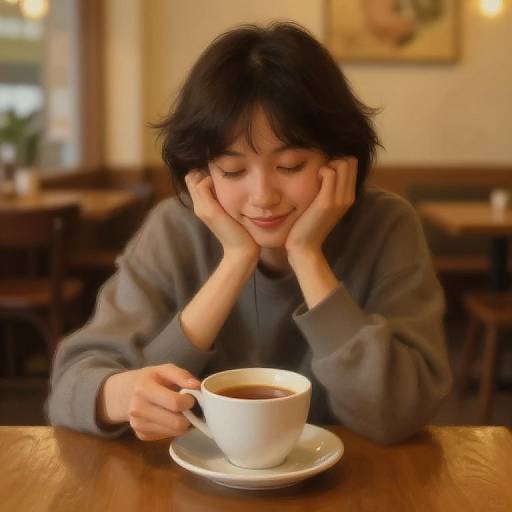 Young Asian person with short black hair, smiling, hands on cheeks, wearing gray sweater, holding white coffee cup, sitting at wooden table in cozy café