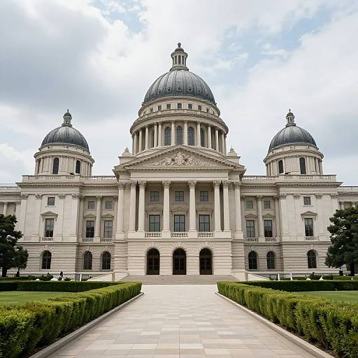 Photograph of a grand neoclassical building with three domed roofs, white columns, and arched windows, flanked by manicured h