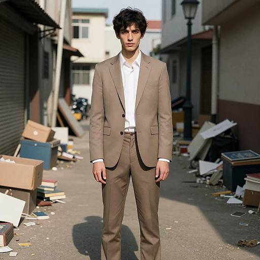 Man in Light Brown Suit Standing in Cluttered Alley