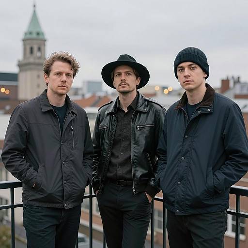 Three Men on City Balcony
