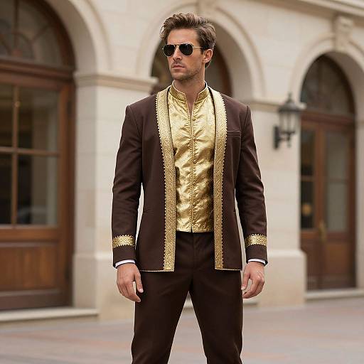 Photograph of a handsome man in a black suit with gold trim, gold shirt, and sunglasses, standing confidently in front of an arched, stone