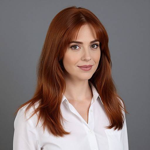 Photograph of a fair-skinned woman with straight, auburn hair, wearing a white button-up shirt, smiling slightly, against a gray background