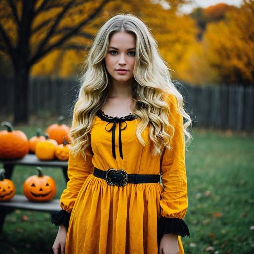 Blonde Woman in Yellow Dress with Halloween Pumpkins