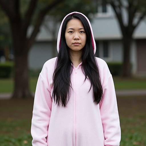 Photograph of an Asian woman with long black hair, wearing a pink hooded jacket, standing in a blurred suburban park.